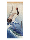 Crane in Waves  Japanese Wood-Cut Print