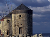 Windmills along Mandraki Harbor  Rhodes  Greece