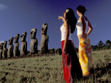 Polynesian Girls with Huge Moai  Ahu Akiri  Easter Island  Chile