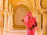 Arches with Hindu Woman at Amber Fort Temple  Rajasthan  Jaipur  India