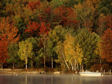 Lake and Boat with Fall Forest in Early Morning  New Hampshire  USA