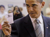 Democratic Candidate for President  Barack Obama Holding Up Voting Receipt  Chicago  Nov 4  2008
