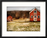 Red Farmhouse and Barn in Snowy Field