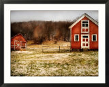 Red Farmhouse and Barn in Snowy Field
