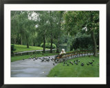 A Woman Feeds Pigeons in the City Park in Vienna