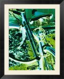Bright blue and green colors create an electrifying view of a bicycle