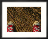 Red sneakers on soil patterned with tire tracks