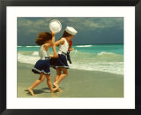 Two Girls in Sailor Suits Running on Beach