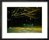Snow falls on a park bench at night