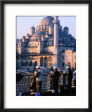 Fishermen on Galata Bridge with Mosque in Background  Istanbul  Turkey