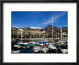 Yachts In Harbour At Intra With Old Town And Mountains In Background  Lago Maggiore  Italy