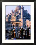Fishermen on Galata Bridge with Mosque in Background  Istanbul  Turkey