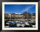 Yachts In Harbour At Intra With Old Town And Mountains In Background  Lago Maggiore  Italy