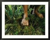 Close view of bare feet on moss-covered soil
