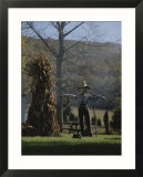 A scarecrow stands guard next to a corn shock