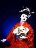 Close-up of Geisha Girl in Blue with Fan  Kyoto  Japan