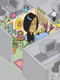 Smiling Woman in Colorful Decorated Office Cubicle