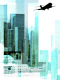 Black Silhouette of Jet Flying over Outline of Blue Cityscape