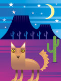 Desert Landscape at Night with Coyote and Cacti
