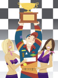 Winner of Car Race with Trophy and Fans