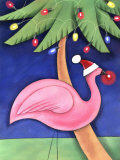 Flamingo Lawn Ornament and Christmas Lights in Palm Trees