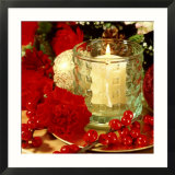 Christmas Arrangement of Red Dianthus  Carnation  Ilex Berries with Lit Candle in Glass Holder