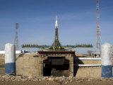 Soyuz Rocket Is Erected into Position at the Launch Pad at Baikonur Cosmodrome in Kazakhstan