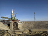 Soyuz Rocket Is Erected into Position at the Launch Pad at Baikonur Cosmodrome in Kazakhstan