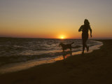 Woman and Her Dog Running Along Currituck Sound Beach at Sunset  Nags Head  North Carolina