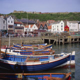 Fishing Boats in the Harbour  with the Castle on the Hill Behind  Scarborough  Yorkshire  England