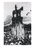 Agitated Crowd Surrounding a High Equestrian Monument