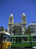 Cathedral with Bus and Tram in Foreground  Tunis  Tunisia  North Africa  Africa