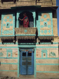 Sandstone Carved Walls Picked Out in Blue Paint Within the Fort  Jaisalmer  Rajasthan State  India