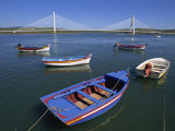 Tranquil Scene of Fishing Boats and Suspension Bridge  Portimao  Algarve  Portugal  Europe