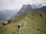 Walkers on Footpath  Marmolada Mountain  Dolomites  Italy  Europe