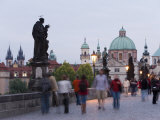 Statues and Crowd on Charles Bridge  Church of St Francis Beyond  Old Town  Prague  Czech Republic