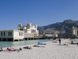 Sunbathers on Beach Near the Pier  Mondello  Palermo  Sicily  Italy  Europe