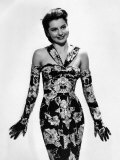 Cyd Charisse Modeling Flowered Evening Dress and Matching Gloves  c1947