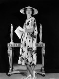 Kay Francis Modeling Floral-Print Crepe Frock with White Accessories  1937