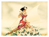 Wahine in Red  Hawaiian Woman with Outrigger Canoe  c1930s