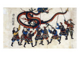 Japanese Print Shows Eight Chinese Men Holding Up a Dragon with Sticks for the Dragon Dance  1875