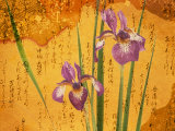 Oriental Batik Style Purple Bearded Iris and Green Leaves on Mottled Gold Background