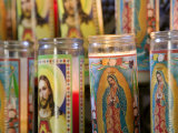 Close-up of Jesus Christ and Virgin Mary on Candle Holders  Mission San Jose  San Antonio