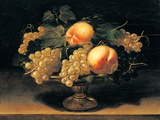 Still Life with Peaches  White Grapes  Black Grapes  Vine Leaves and Metal Cup