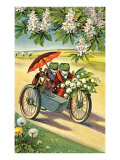 Two Frogs on Motorcycle with Umbrella and Flowers