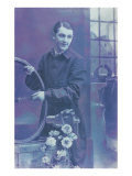 Purplish Photo of Man with Bicycle Wheel