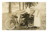 Black and White Photo of Man and Woman by Vintage Motorcycle