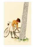 Woman Inflating Bicycle Tire by Tree