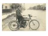 Black and White Photo of Man on Vintage Motorcycle