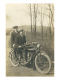 Black and White Photo of Two Men on Motorcycle